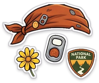 A burnt-orange bandana, a yellow wildflower, a soda pull-tab and a National Park arrowhead patch