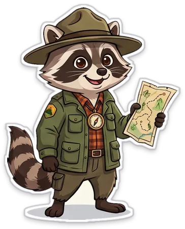 Park Ranger Rummi in a campaign hat and green ranger jacket, holding a trail map, a brass compass on his chest