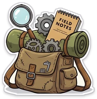 A canvas satchel stuffed with gears, a magnifying glass and a Field Notes notebook, with a green bedroll