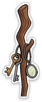 A gnarled wooden walking staff with salvaged keys and a ring hanging from it