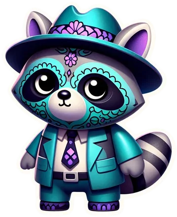 Turquoise sugar-skull raccoon in a teal suit and wide hat