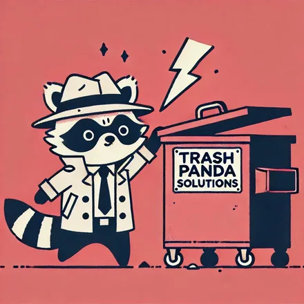 Poster of a noir raccoon in a trench coat beside a dumpster labelled Trash Panda Solutions
